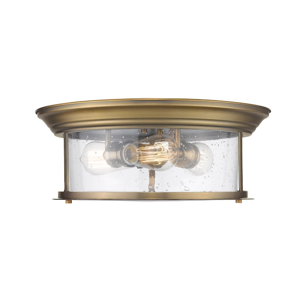 Sonna 3 Light Flush Mount, Heritage Brass And Clear Seedy